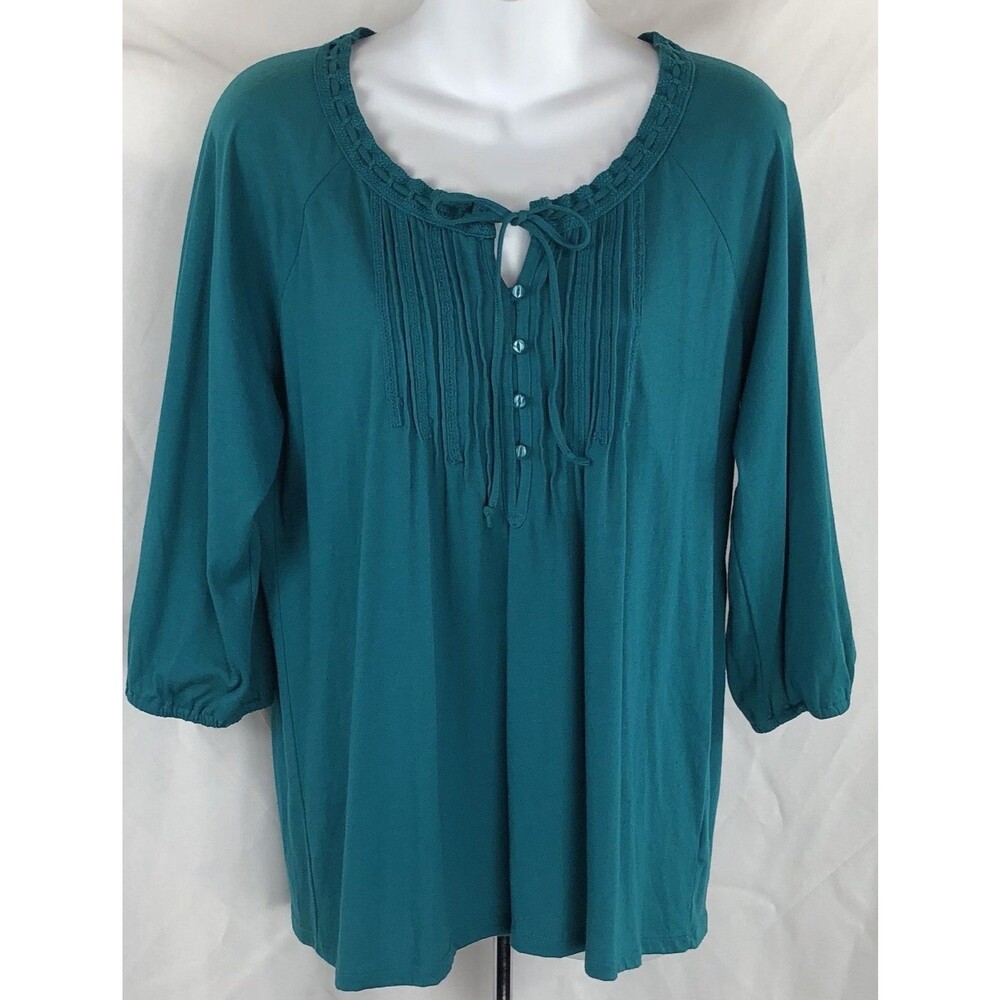 Fashion bug baby doll top L teal crochet tie neck 3/4 sleeves pleated buttons